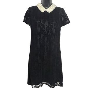 BETSEY JOHNSON FLOCKED LACE DRESS SZ 4 PEARL BEAD COLLAR WHIMSIGOTH COQUETTE EUC